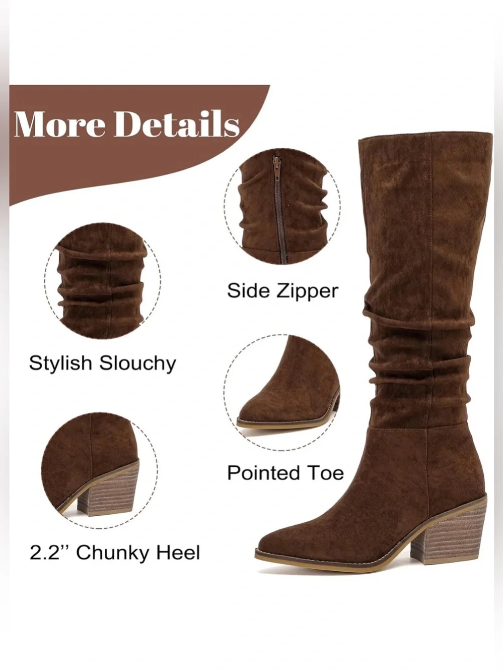 🆕 Wide Calf Knee High Boots Women Square Toe Chunky Heel Boots